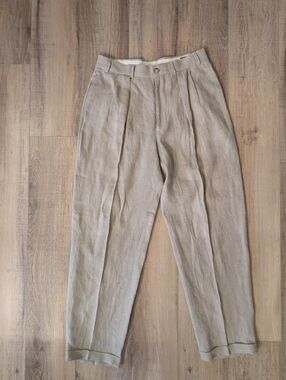 Structure Mens 32S 100% Linen Dress Pants Tan Pleated Cuffed Lightweight Summer